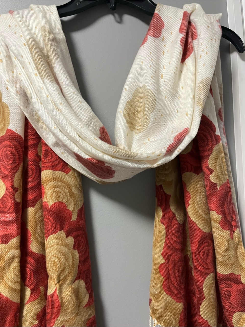 Floral Rose Print Drapery Panel in Red, Gold & Cream